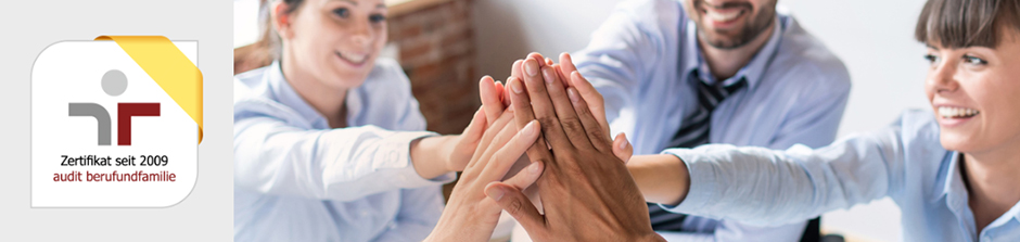 Geschäftsteam gibt sich gegenseitig ein High-Five - Zertifikat seit 2009 audit berufundfamilie